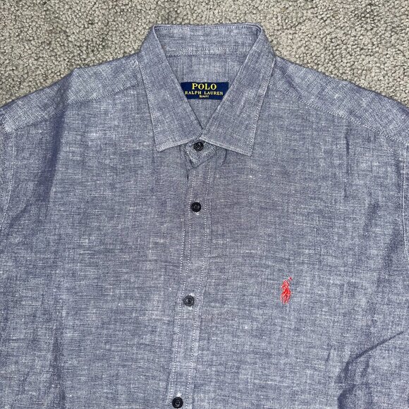 Polo Ralph Lauren Men's Sz Large Slim Fit 100% Linen Chambray Shirt Red Pony EUC - Picture 2 of 12